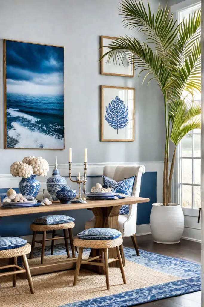 Beach house dining room with jute rug