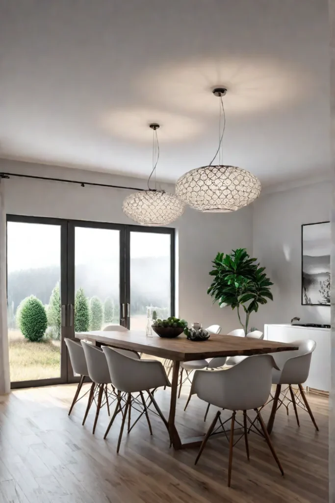 Bright and airy dining room with stylish lighting