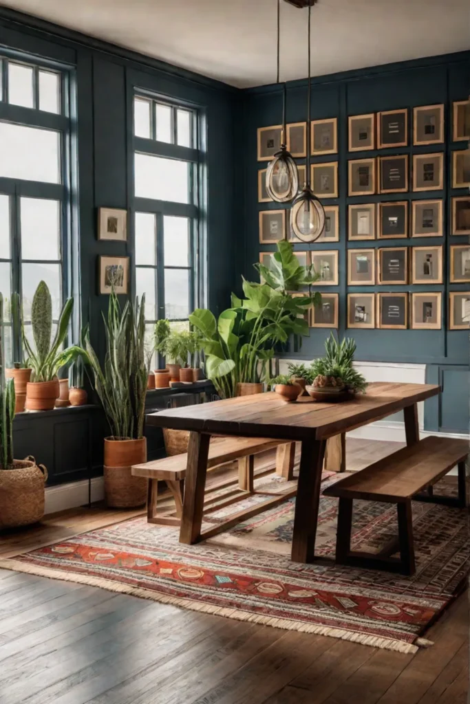 Cozy dining room with geometric rug