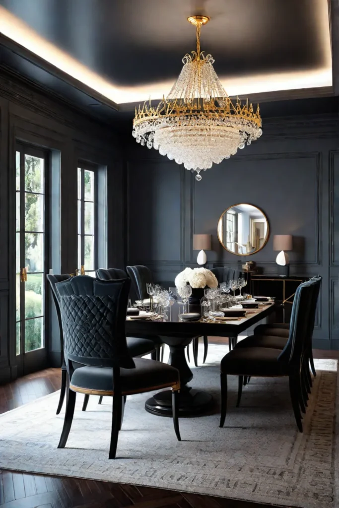 Dining room with statement chandelier