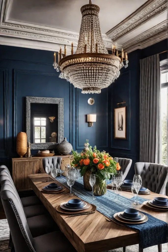 Eclectic dining area with woven tapestry and macrame wall hanging