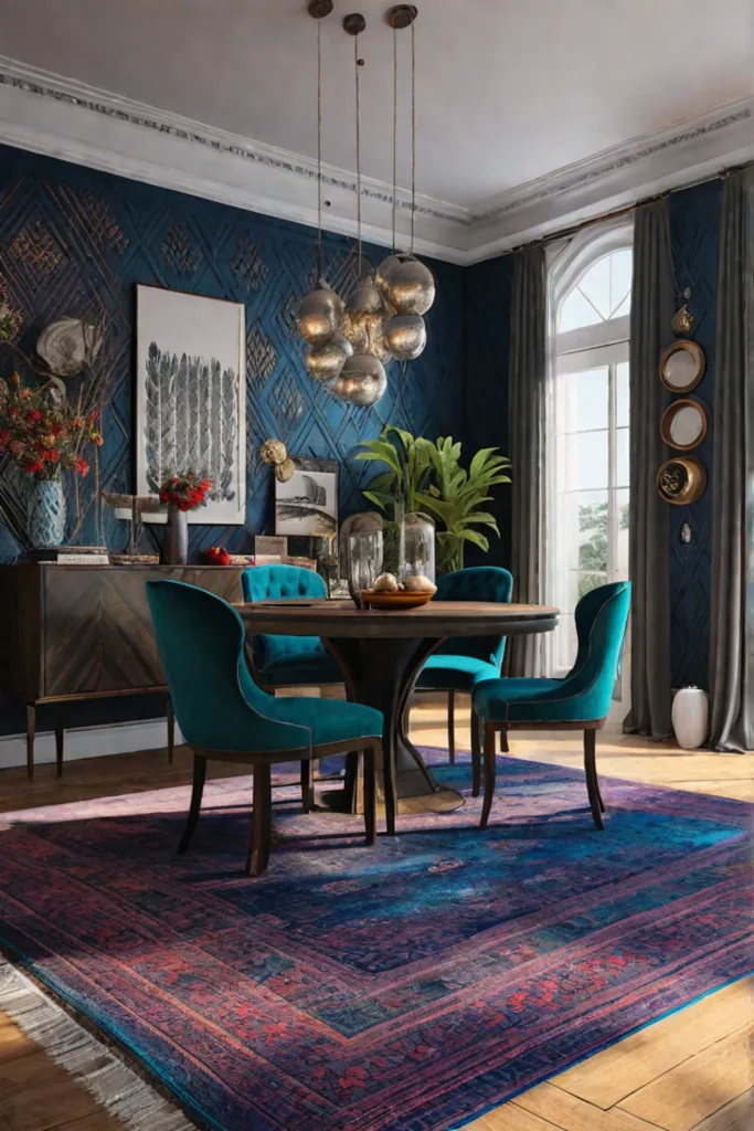 Eclectic dining room with vibrant textiles