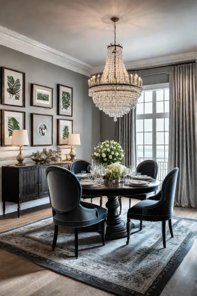 Elegant dining room with velvet rug