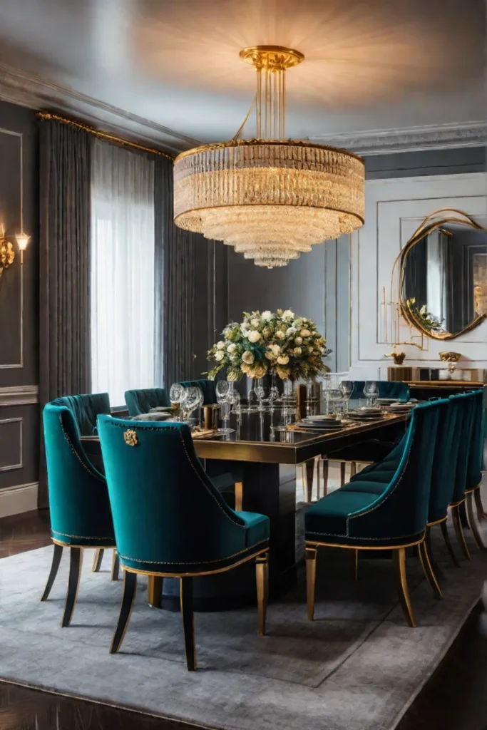 Glamorous dining room with velvet drapes and crystal chandelier