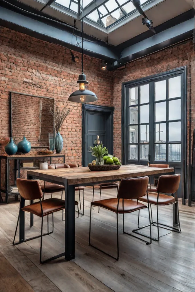 Industrialchic dining area with extendable metal and wood table