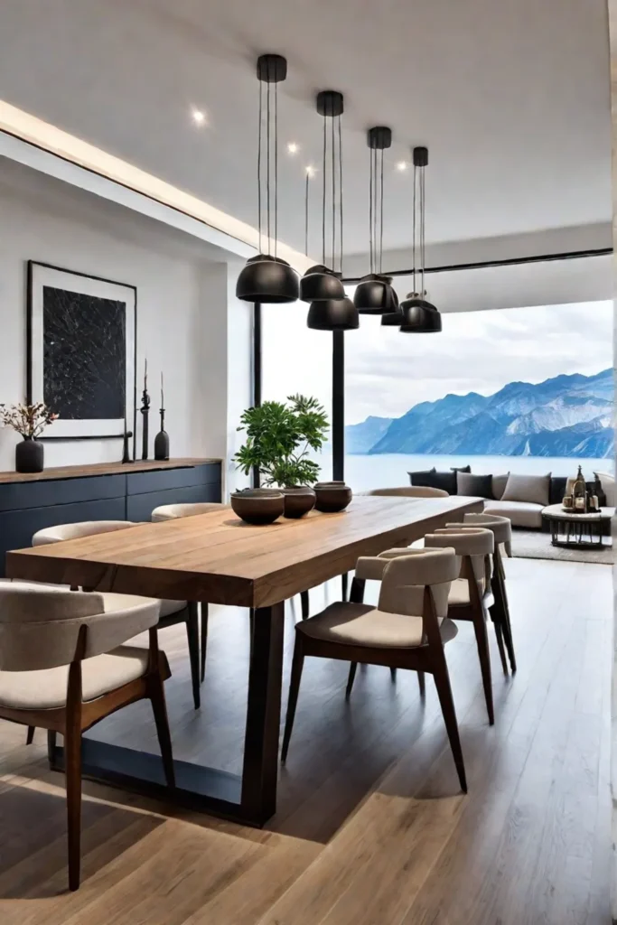 Modern minimalist dining room with wooden table