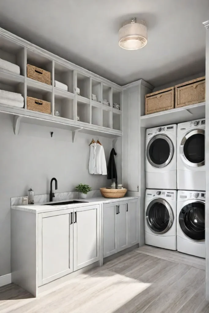 Mudroom laundry room combo Lshaped layout