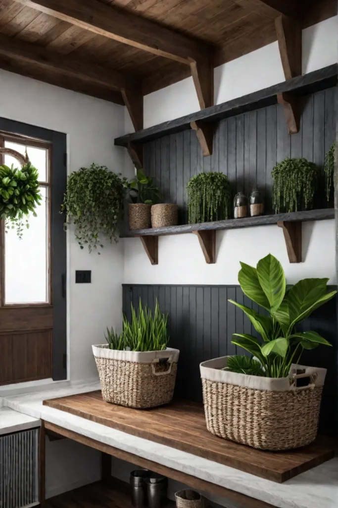 Mudroom with reclaimed wood and natural fibers