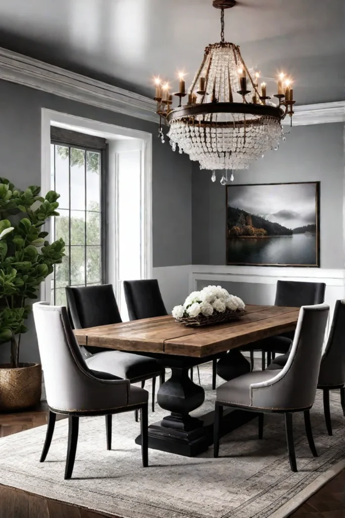 Rustic dining room with linen tablecloth and floral centerpiece