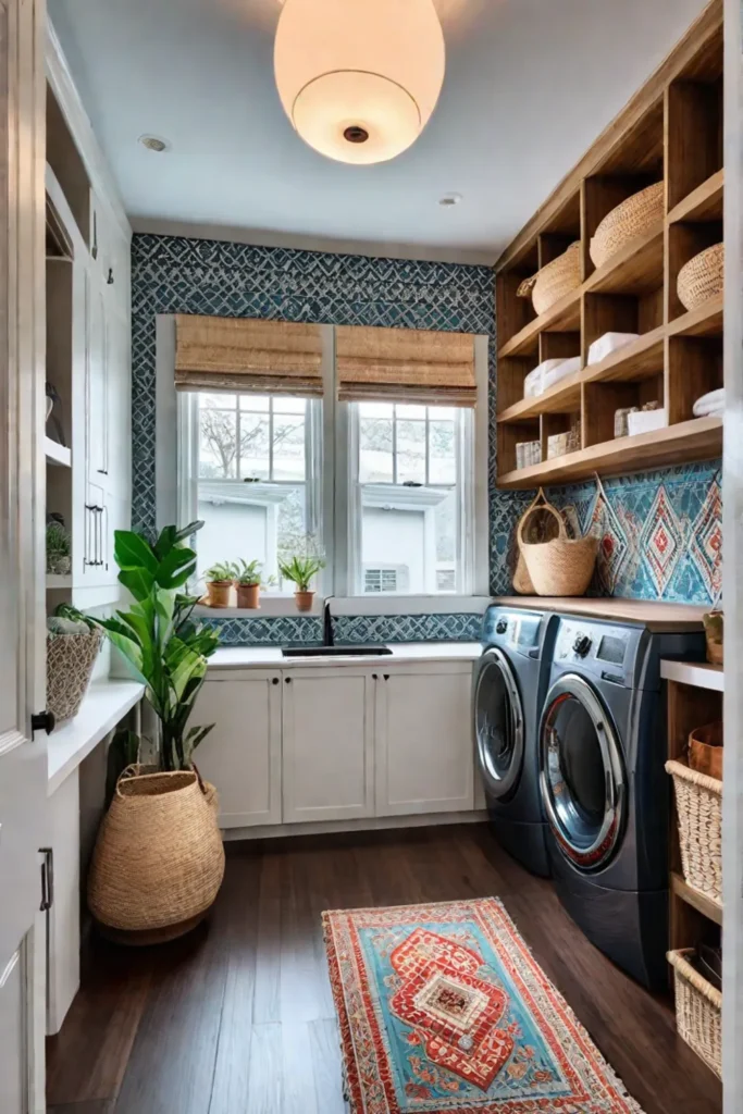 Small Laundry Space with Eclectic Decor