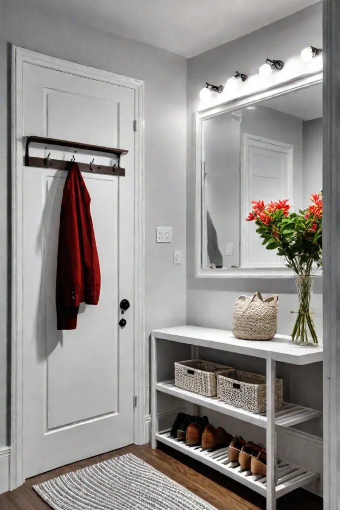 Spacesaving mudroom with a statement mirror